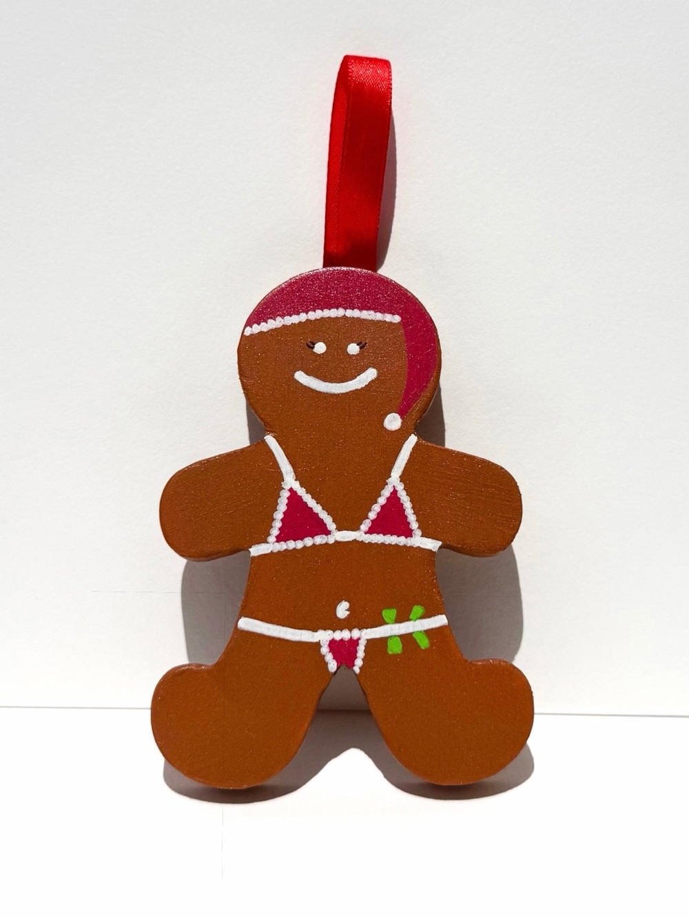 Handpainted Gingerbread Man Holiday Ornament - Red Ribbon - Picture 3 of 4